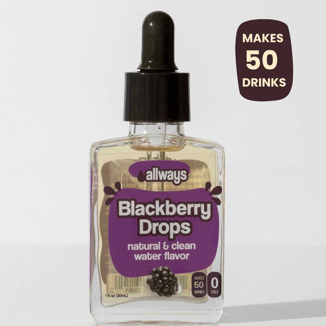 Bottle of allways Blackberry Drops with a dropper on a white background