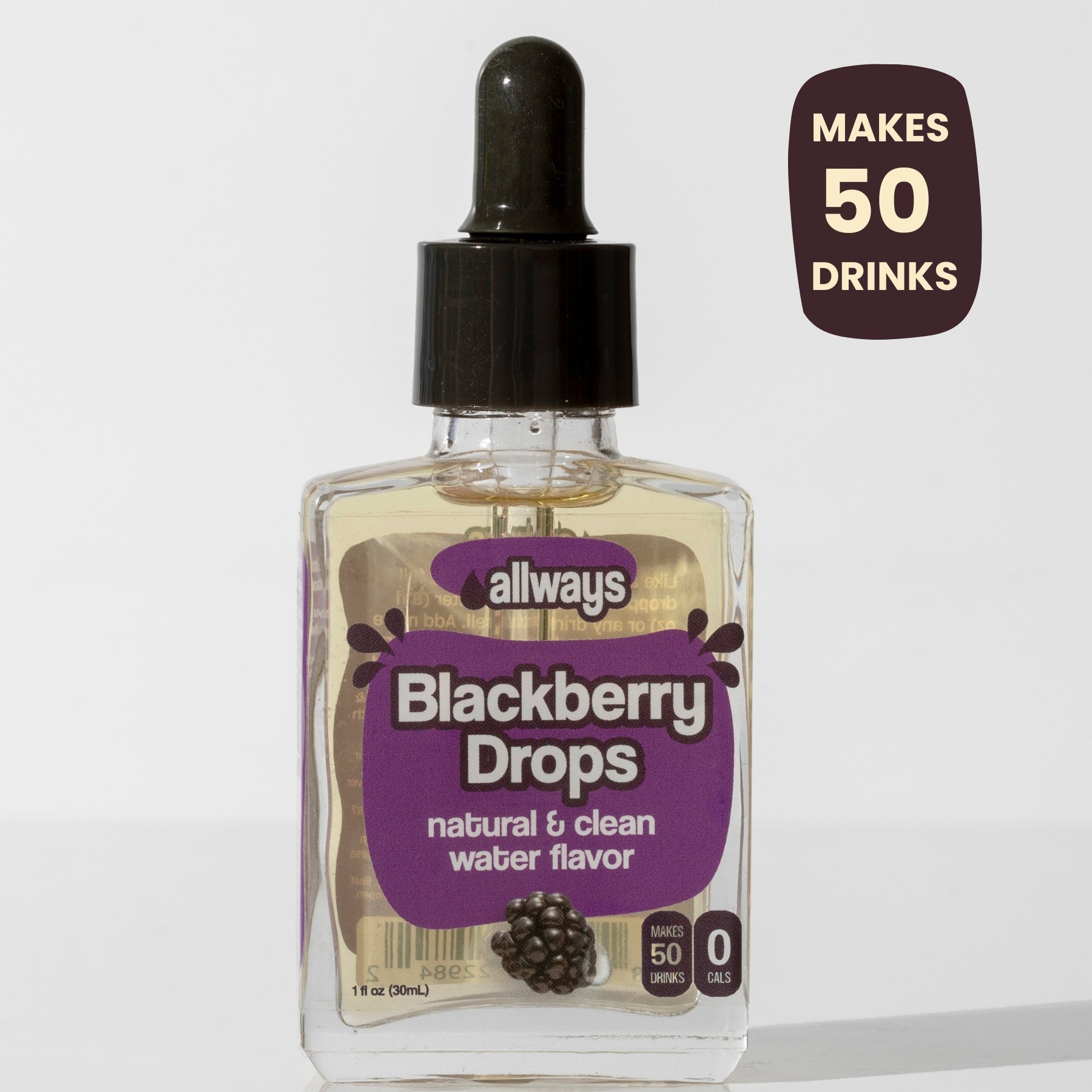 Bottle of allways Blackberry Drops with a dropper on a white background