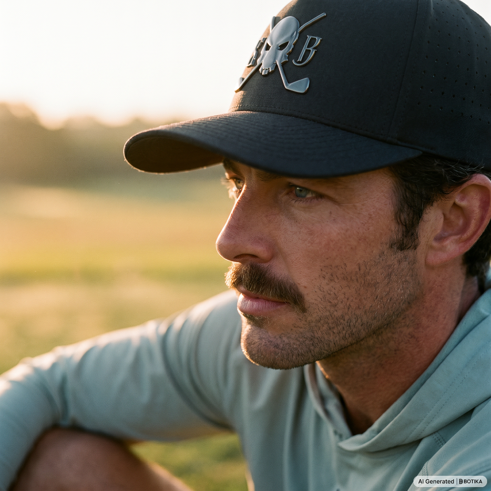 A close-up side profile of a man outdoors wearing a black baseball cap with a silver skull and crossbones logo and a light sage green long-sleeve shirt.