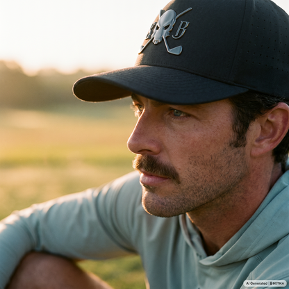 A close-up side profile of a man outdoors wearing a black baseball cap with a silver skull and crossbones logo and a light sage green long-sleeve shirt.