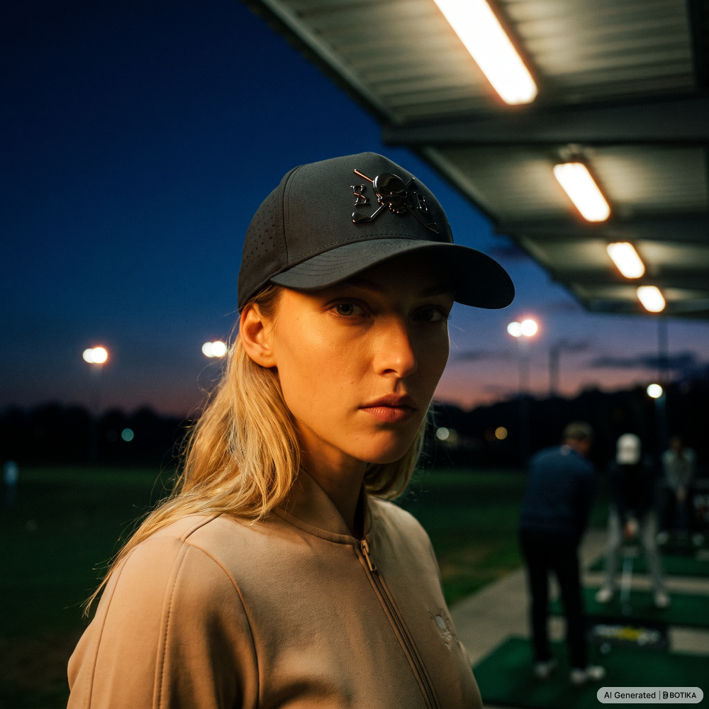A woman wearing a black baseball cap with a small black graphic logo and a beige zip-up jacket, photographed at dusk under stadium lights at what appears to be a golf driving range.