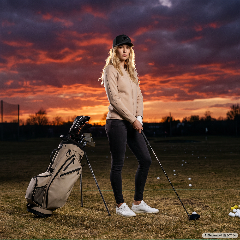 A woman stands on a golf course at sunset holding a golf club, with a golf bag beside her. She is wearing a beige sweater, black leggings, white sneakers, and a black cap.