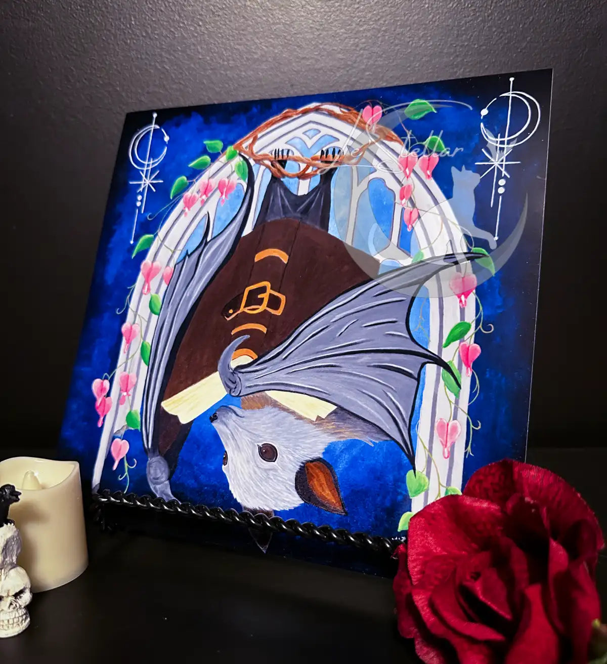 Flying Fox Art Print: Gothic Bat, Dark Academia Decor Acrylic Painting