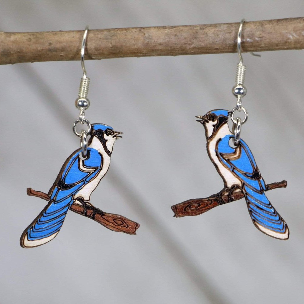 Hand-painted wooden blue jay dangle earrings with realistic bird design and hypoallergenic sterling silver hooks, lightweight blue jay statement jewelry earrings for bird lovers and nature fans