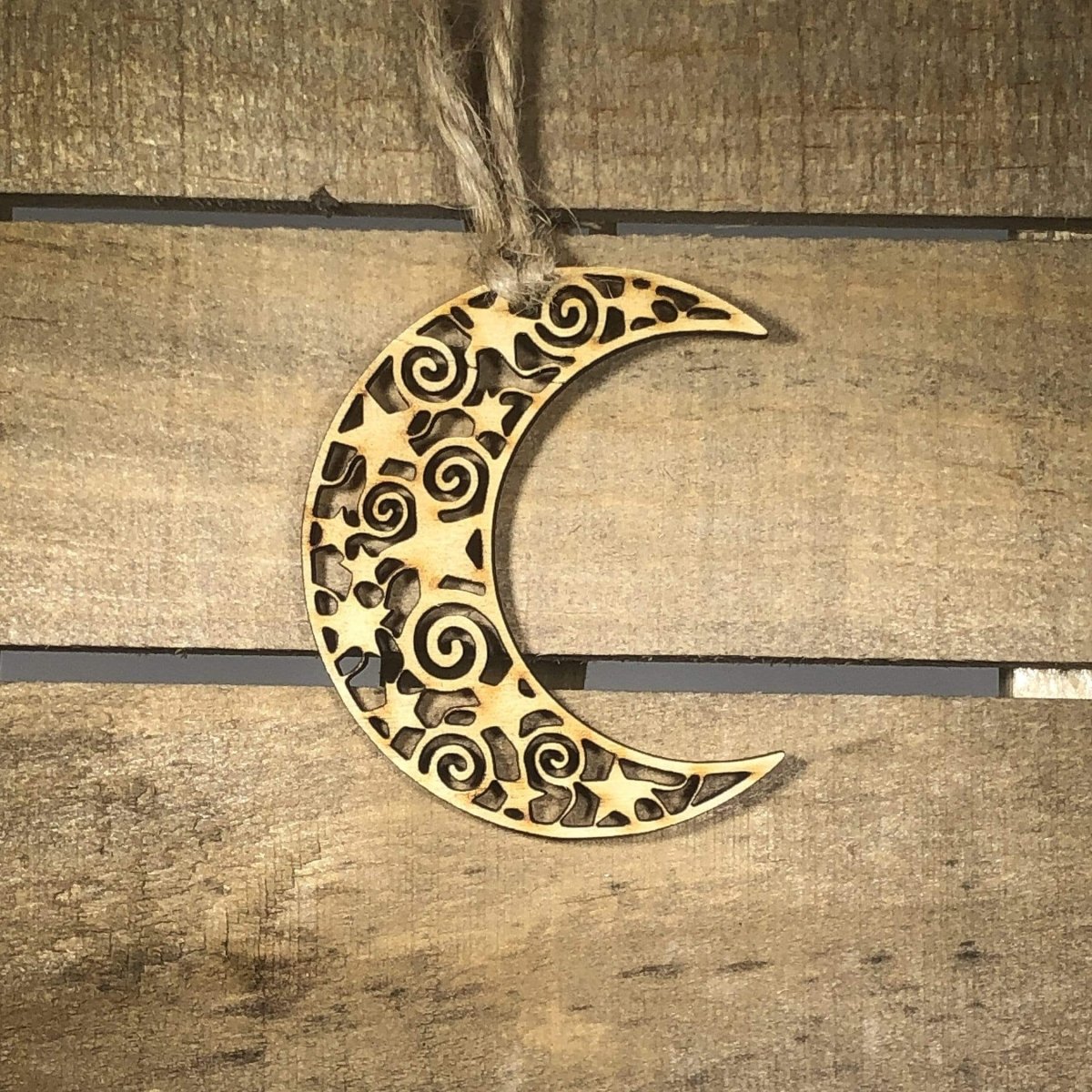 Hand-painted wooden bohemian crescent moon Christmas ornament with celestial holiday design and lightweight festive decor, mystical moon tree decoration for boho winter and cosmic holiday style