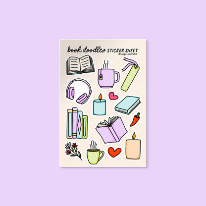 Book Doodles Sticker Sheet flat lay — illustrated bookish sticker sheet by indie artist MangoIllustrated