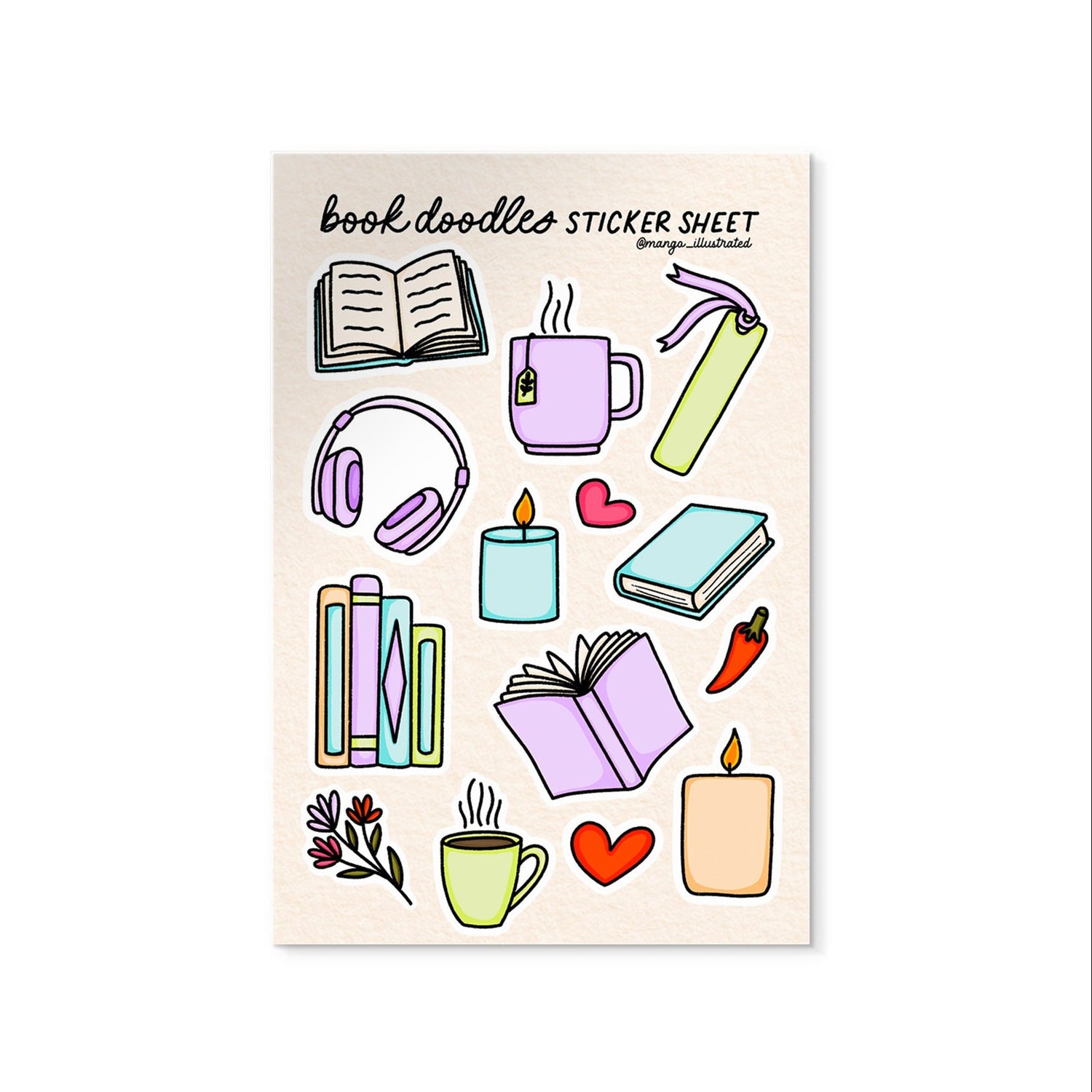 Book Doodles Sticker Sheet — 14 hand drawn book themed illustrated stickers on 4x6 in sheet by MangoIllustrated