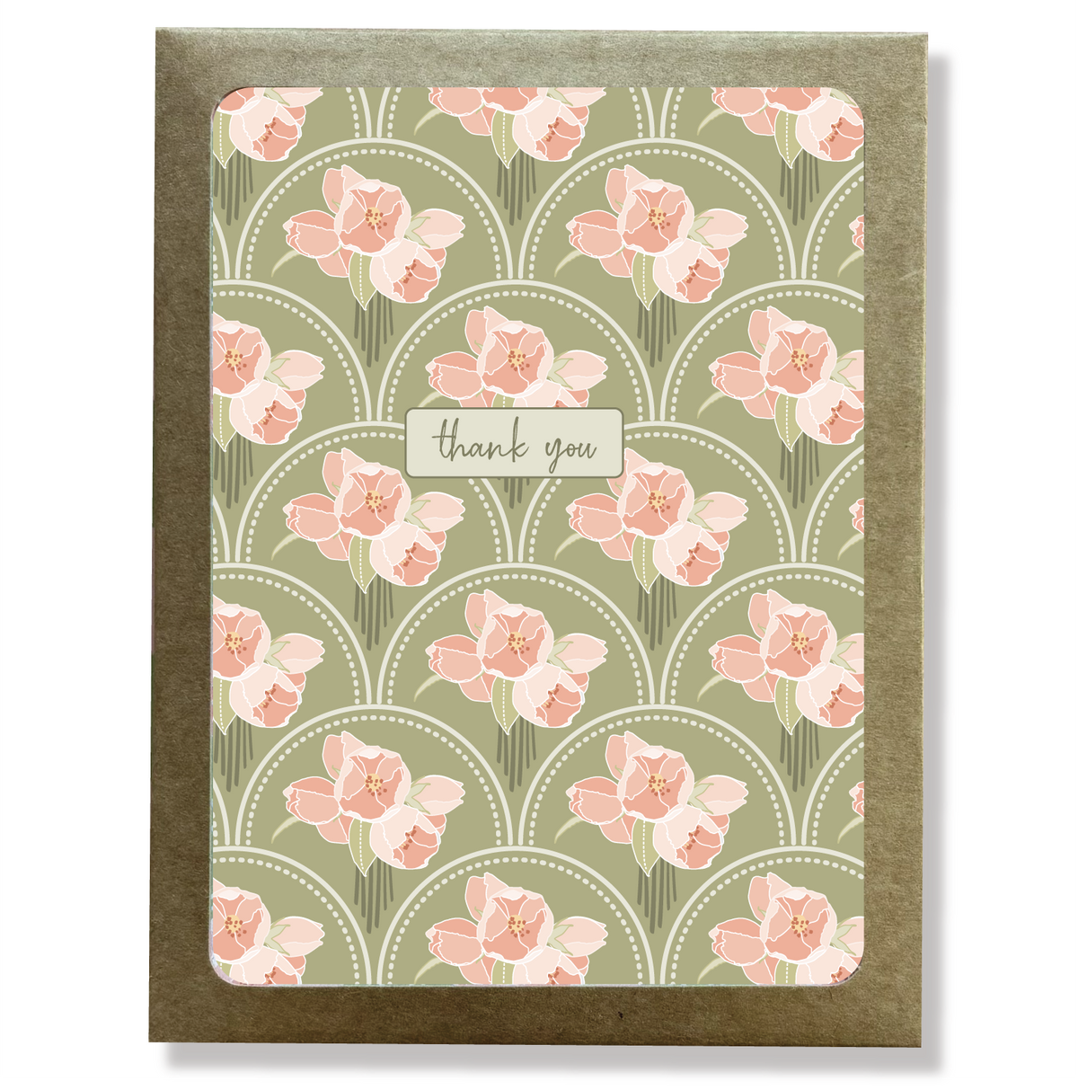Kraft paper box with a cutout window showing a pink and green floral print thank you card