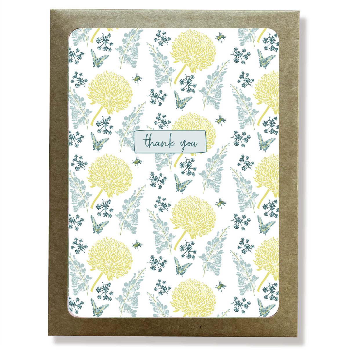 Kraft paper box with a cutout window showing a blue and yellow floral print thank you card