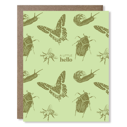 Greeting card with insect illustrations on a light green background