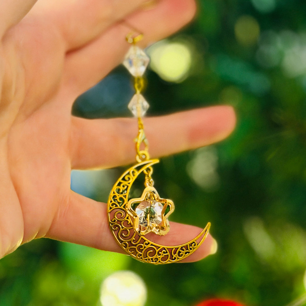 Yuletide Gold Crystal Moon &amp; Star Witchy Christmas Ornament