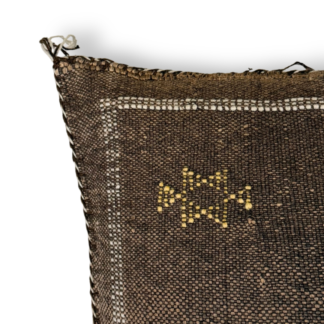 Dark Brown Sabra Cactus Silk Kilim Pillow Cover | Handwoven Moroccan Home Decor
