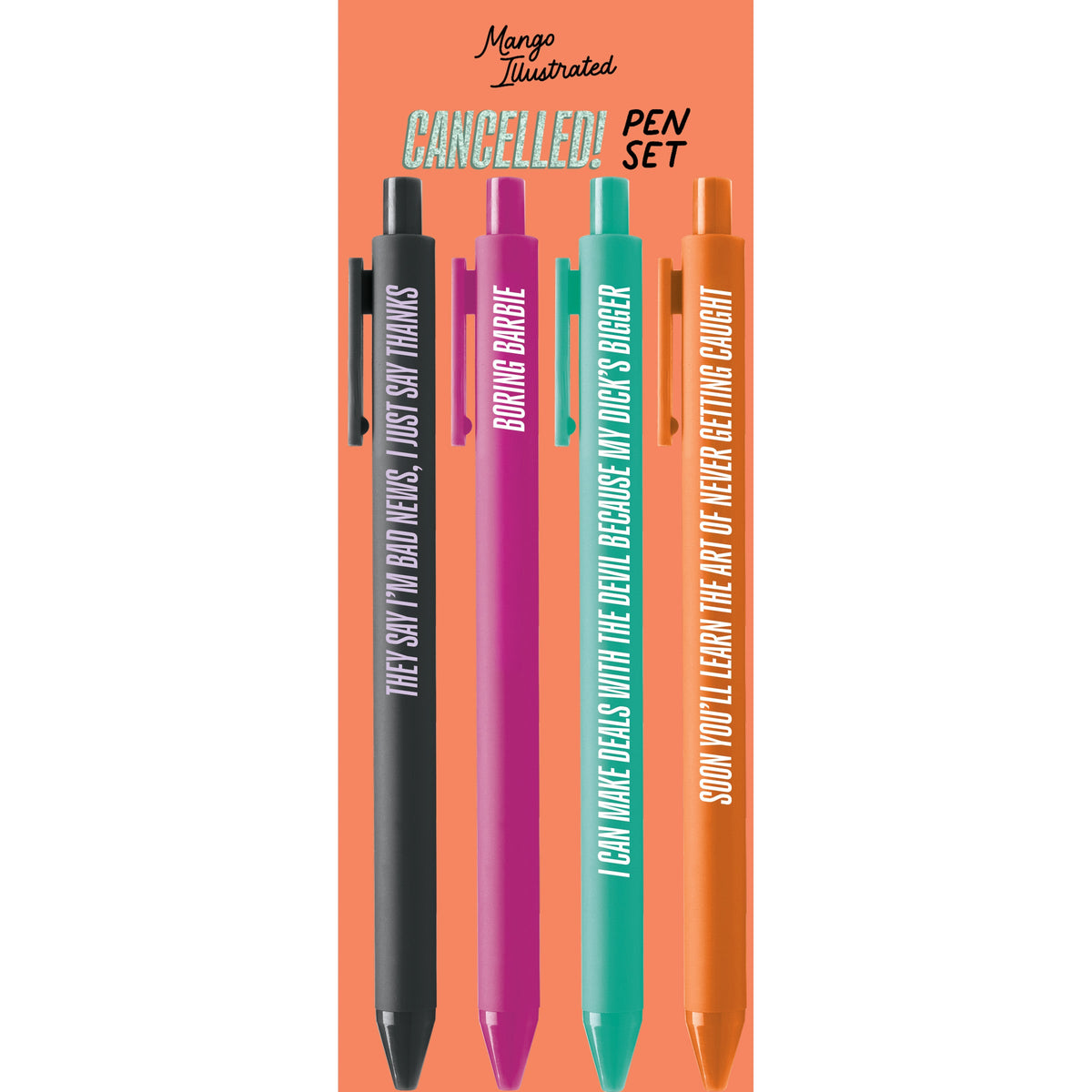 CANCELLED! Pen Set in its cello sleeve with card backing — funny stationery gift by indie artist MangoIllustrated