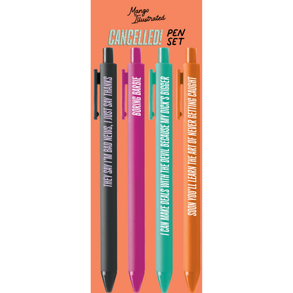 CANCELLED! Pen Set packaging close-up — pen set on its printed card backing by indie artist MangoIllustrated