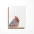 A greeting card featuring a watercolor painting of a red and blue bird, titled &