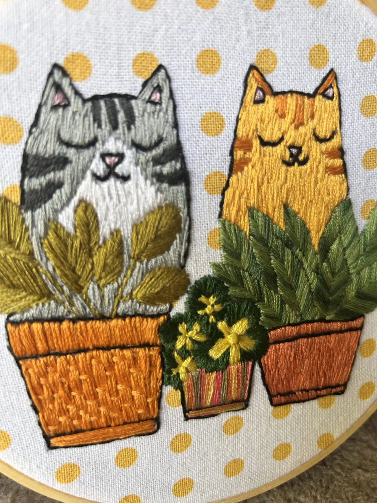 Tabby Cat and Plants Hand Embroidery