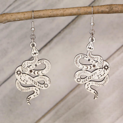 Hand-painted celestial snake wooden dangle earrings with moon phase and mystical design, lightweight hypoallergenic jewelry for boho style, spiritual lovers, and astrology fans