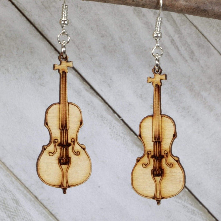 Hand-painted wooden cello dangle earrings with detailed string instrument design and hypoallergenic sterling silver hooks, lightweight cello statement jewelry earrings for musicians and orchestra lovers 