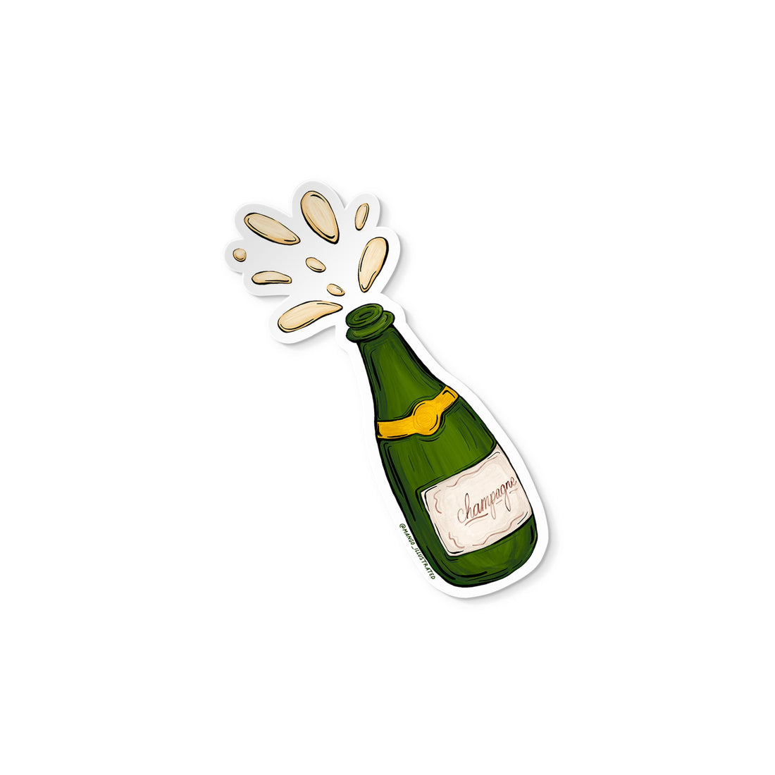 Champagne sticker flat lay — celebration and bachelorette vinyl sticker for laptops, water bottles and party favors by indie artist MangoIllustrated