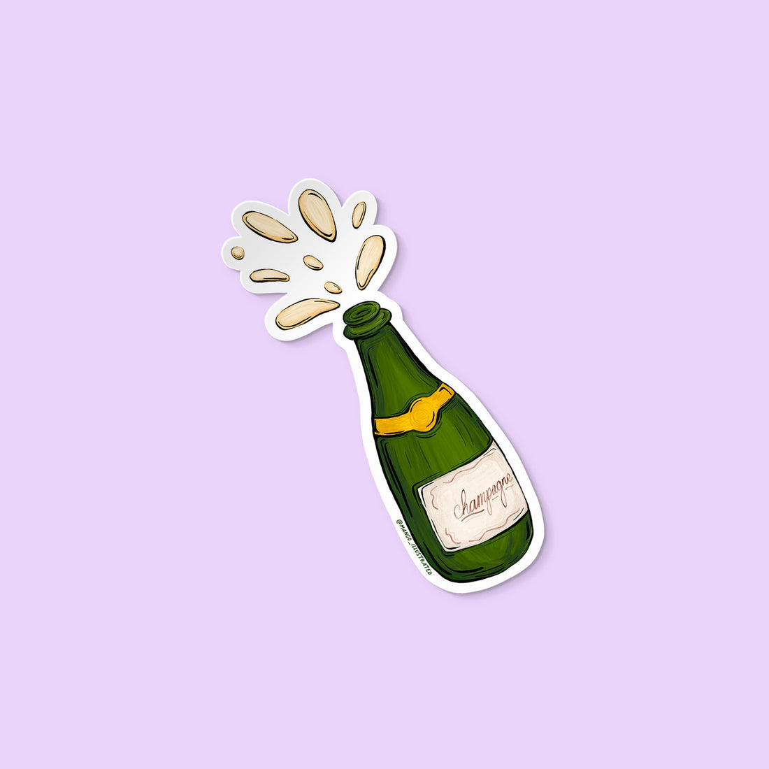 Champagne sticker — hand-drawn champagne bottle popping with a bubbly splash, approximately 3 in x 3 in, by MangoIllustrated