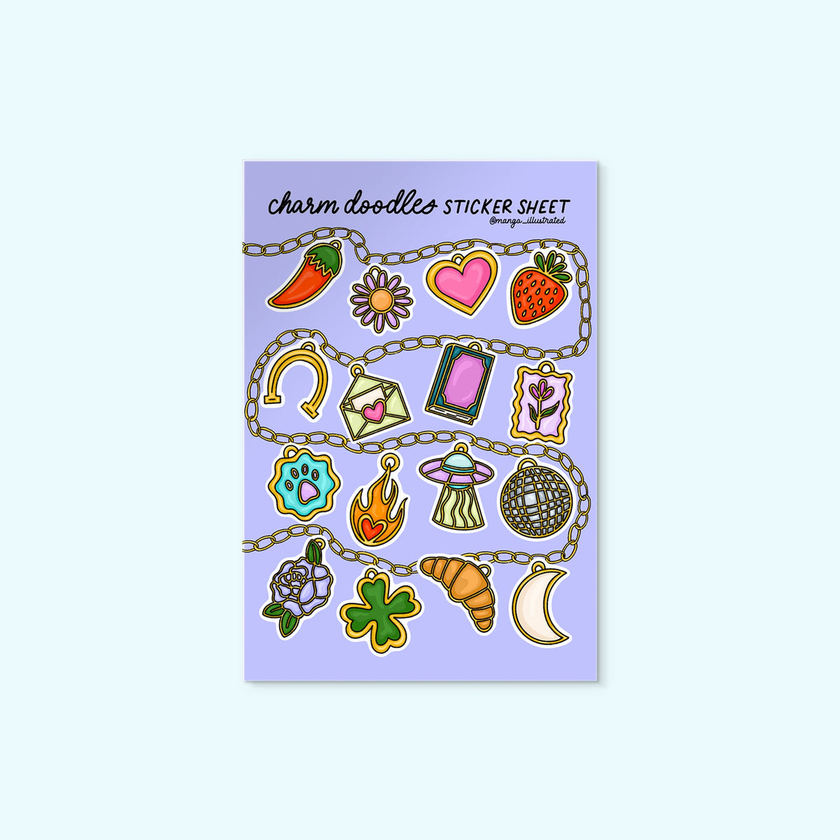 Charm Doodles Sticker Sheet flat lay — illustrated charm and trinket sticker sheet by indie artist MangoIllustrated