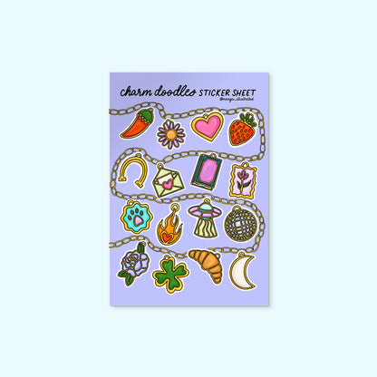 Charm Doodles Sticker Sheet flat lay — illustrated charm and trinket sticker sheet by indie artist MangoIllustrated