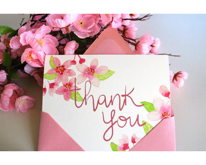 Watercolor Cherry Blossom Thank You Card Stationery Set