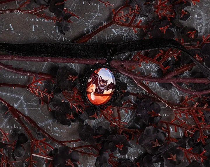 Black Cat Bat Choker: Victorian Mourning Jewelry with Original Hand-Painted Artwork