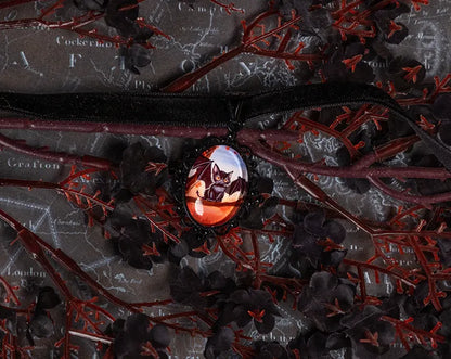 Black Cat Bat Choker: Victorian Mourning Jewelry with Original Hand-Painted Artwork