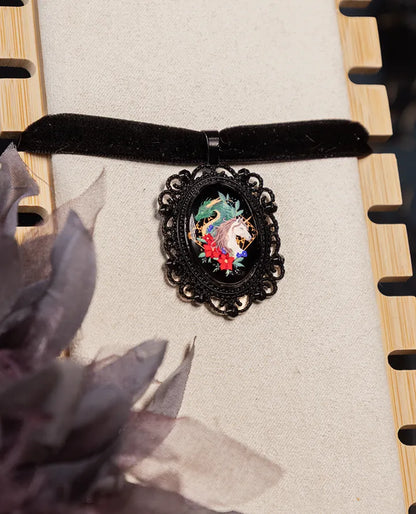 Fantasy Dragon and Unicorn Choker: Victorian Mourning Jewelry with Original Hand-Painted Artwork