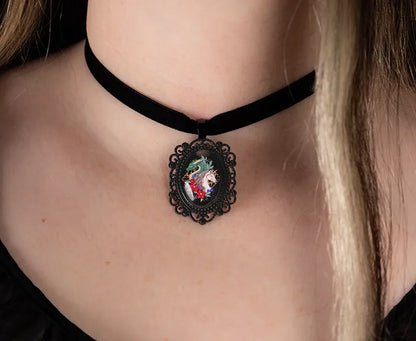 Fantasy Dragon and Unicorn Choker: Victorian Mourning Jewelry with Original Hand-Painted Artwork