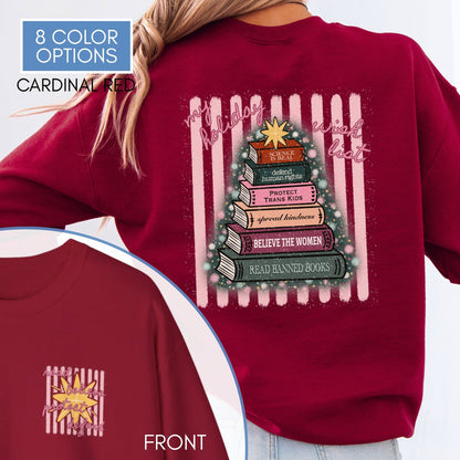 Christmas-book-tree-unisex-Crewneck-holiday-activism-sweatshirt-literary-activist-apparel-reader-bibliophile-top-Cardinal-red