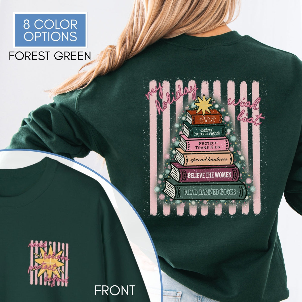 Christmas-book-tree-unisex-Crewneck-holiday-activism-sweatshirt-literary-activist-apparel-reader-bibliophile-top-Forest-green