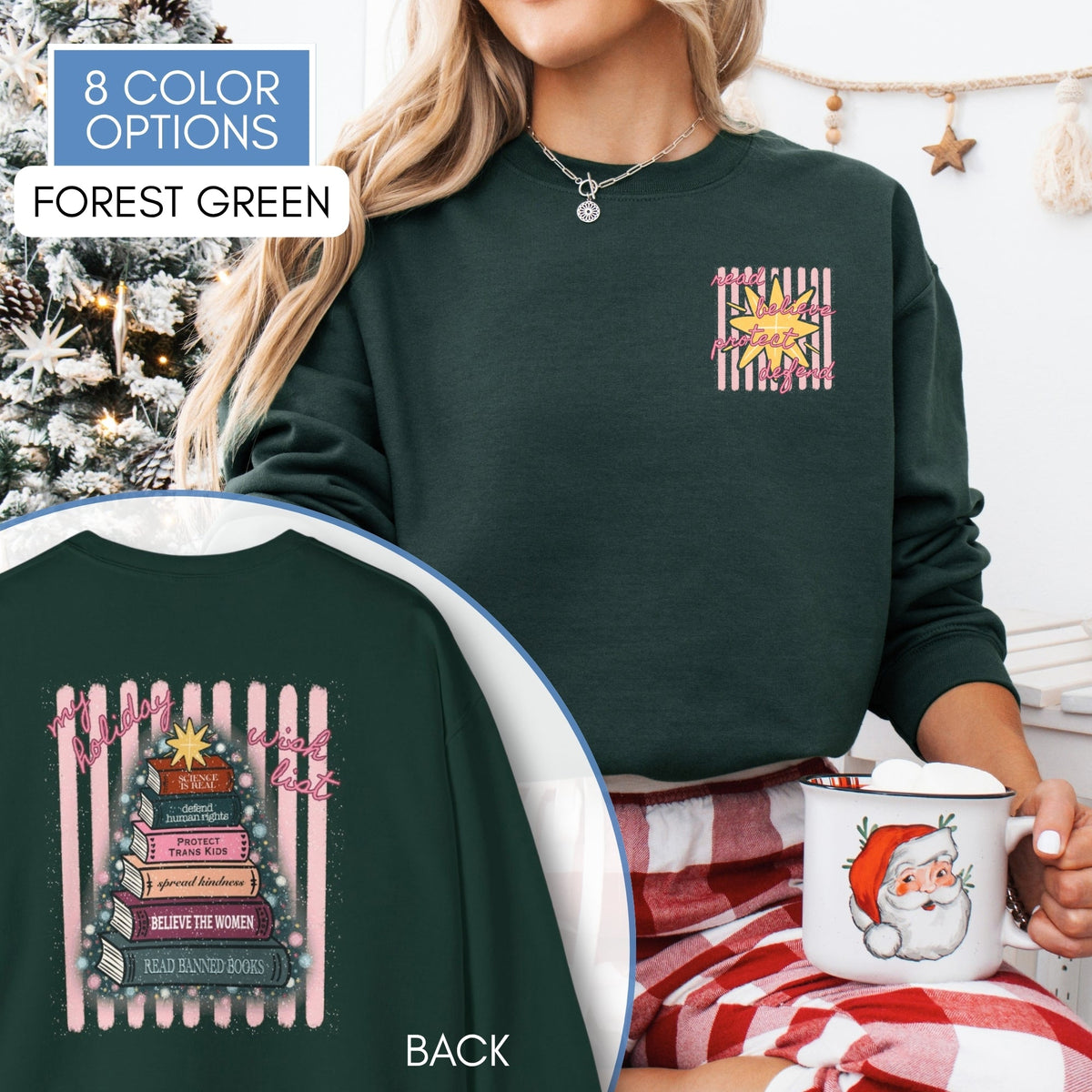 Christmas-book-tree-unisex-Crewneck-holiday-activism-sweatshirt-literary-activist-apparel-reader-bibliophile-top-Forest-green