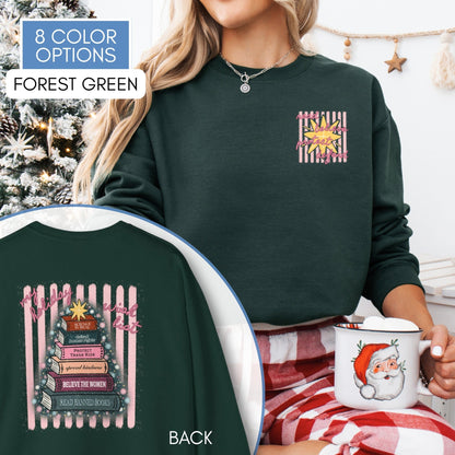 Christmas-book-tree-unisex-Crewneck-holiday-activism-sweatshirt-literary-activist-apparel-reader-bibliophile-top-Forest-green