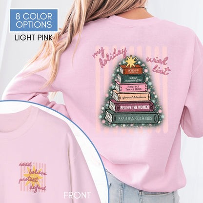 Christmas-book-tree-unisex-Crewneck-holiday-activism-sweatshirt-literary-activist-apparel-reader-bibliophile-top-Light-pink