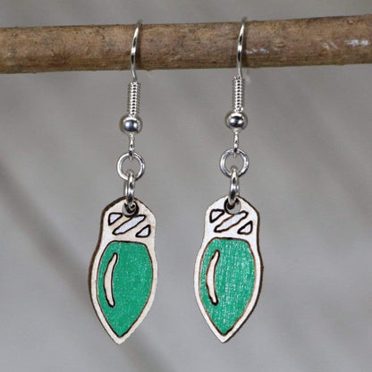 Hand-painted wooden Christmas lights dangle earrings with festive holiday string light design and hypoallergenic sterling silver hooks, lightweight holiday statement jewelry earrings for merry winter style green