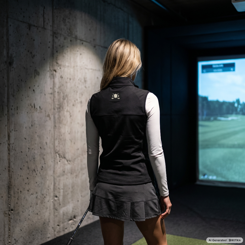 A woman stands with her back to the camera inside a golf simulator, wearing a black sleeveless athletic vest over a light gray long-sleeve shirt and a dark gray pleated mini skirt. A concrete wall is on the left, and a screen showing a golf course is on the right.