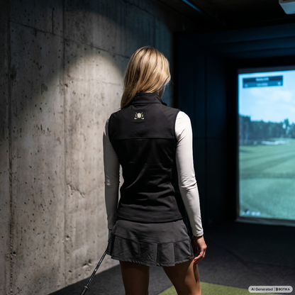 A woman stands with her back to the camera inside a golf simulator, wearing a black sleeveless athletic vest over a light gray long-sleeve shirt and a dark gray pleated mini skirt. A concrete wall is on the left, and a screen showing a golf course is on the right.