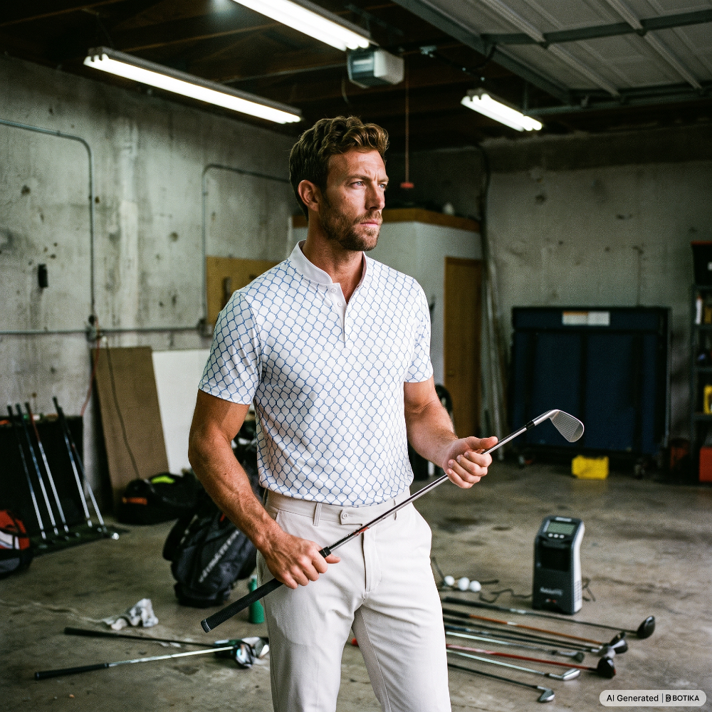 A man in a white patterned polo shirt and light pants stands in a garage-like indoor space holding a golf club, with golf clubs and equipment visible around him.