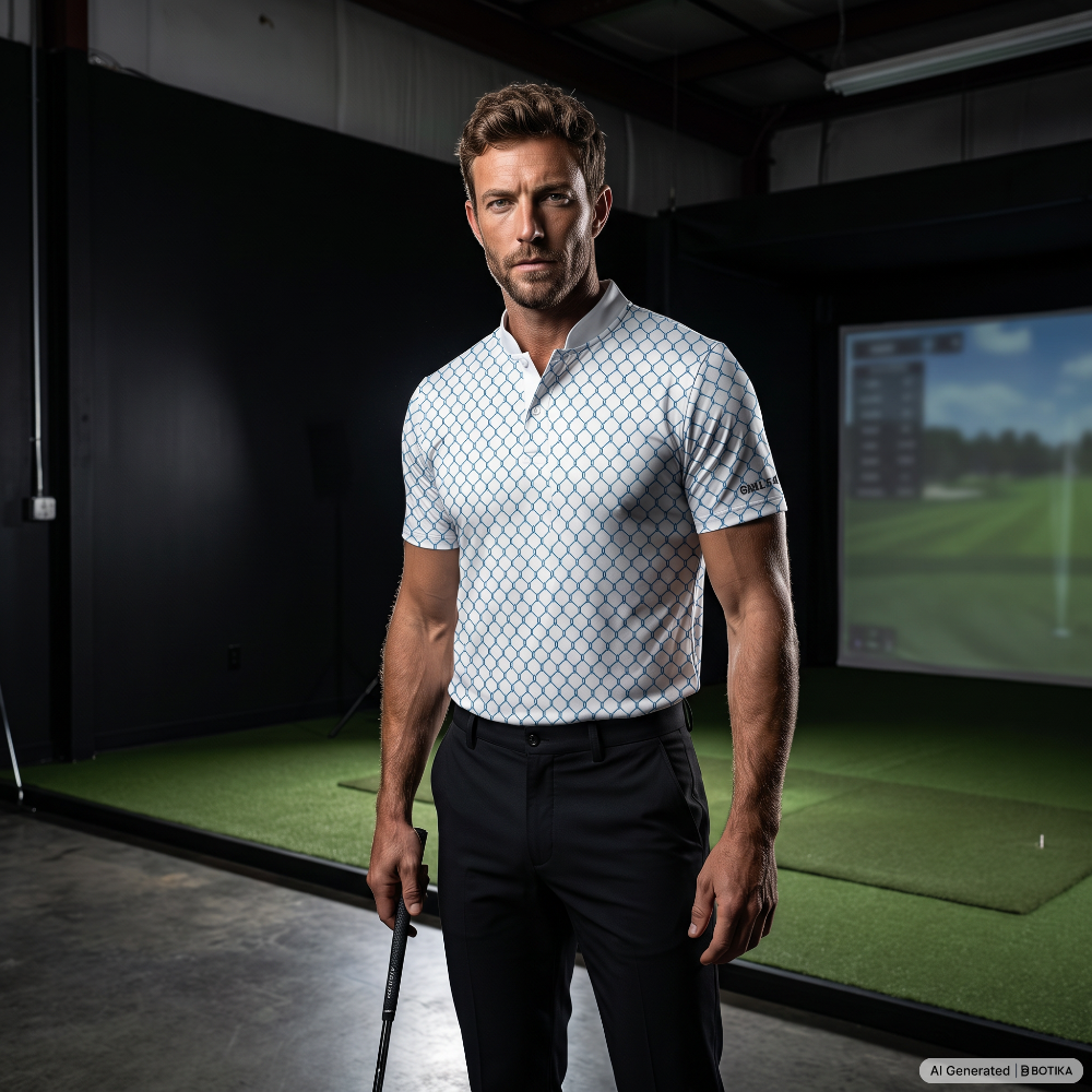 A man stands in an indoor golf simulator wearing a white short-sleeve polo shirt with a blue geometric pattern, black pants, and holding a golf club. A large screen in the background shows a golf course.