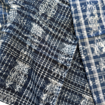Close-up of blue (indigo) 
and white ikat fabric 