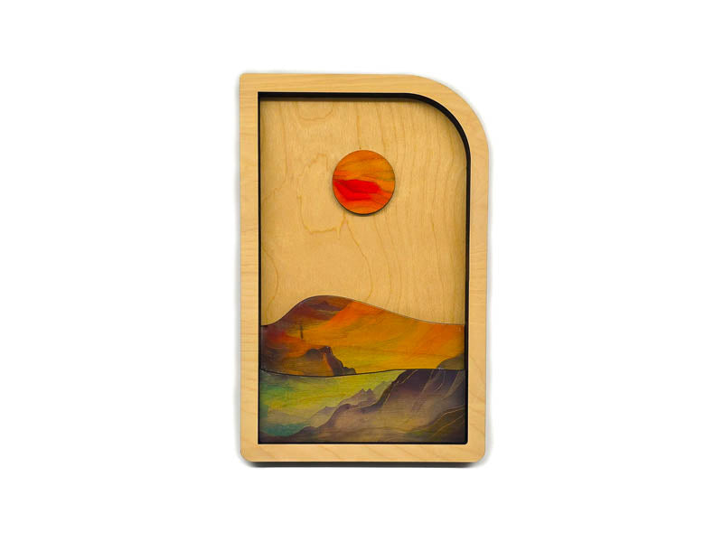 Close-up of the sun panel with mountain landscape, layered wood wall art by PRWMade