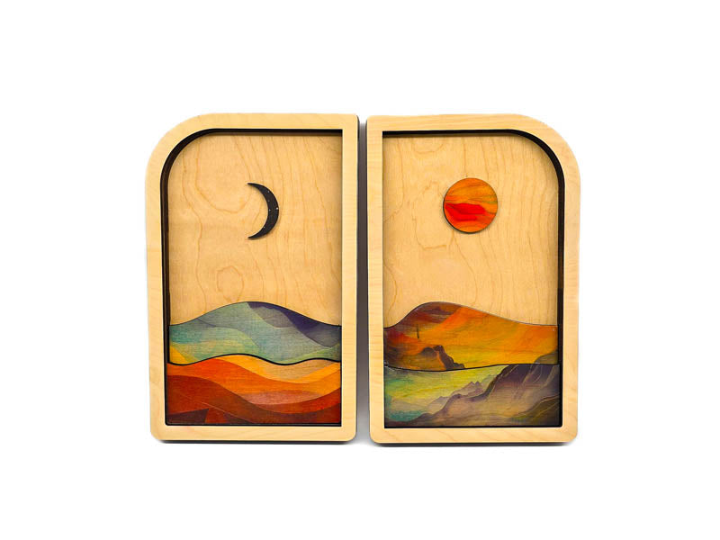 Sun and moon wood wall art panels side by side, two-piece celestial decor set in Baltic birch