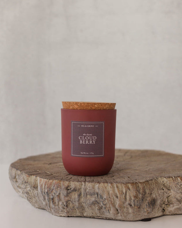 Cloudberry candle in umber glass jar evoking snowy forest freshness – Fig &amp; Grove