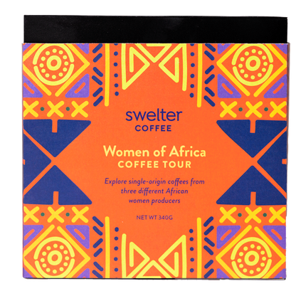 View of package front for women produced coffee tour across Africa: Ethiopia, Rwanda and the Democratic Republic of Congo
