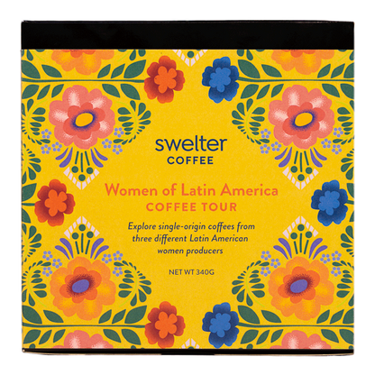 View of package front for women produced coffee tour across Latin America: Mexico,Guatemala, and Costa Rica