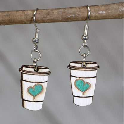 Hand-painted wooden coffee cup dangle earrings with cozy café design and hypoallergenic sterling silver hooks, lightweight coffee statement jewelry earrings for caffeine lovers and barista style