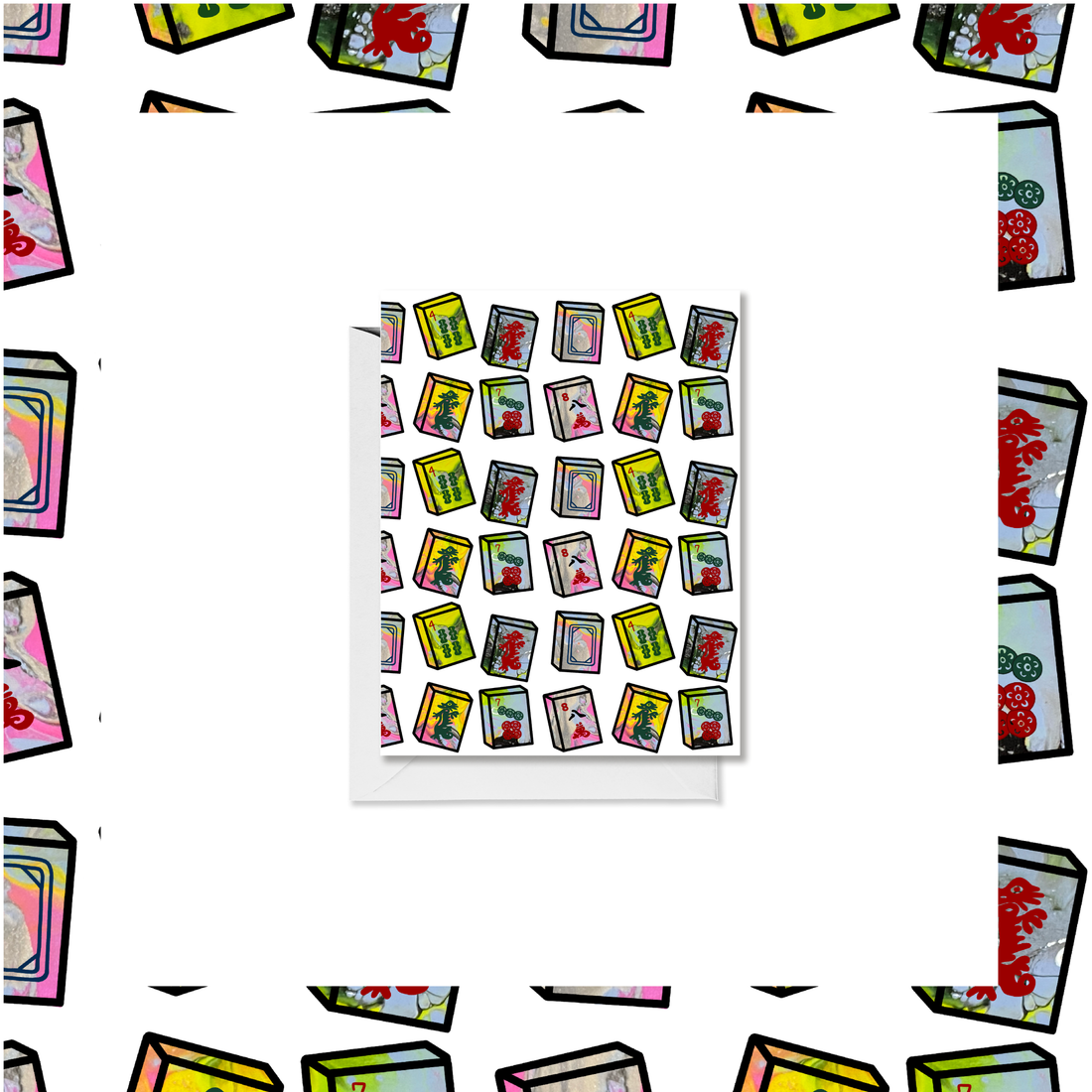 Yellow and Pink Mahjong Tiles Blank Card