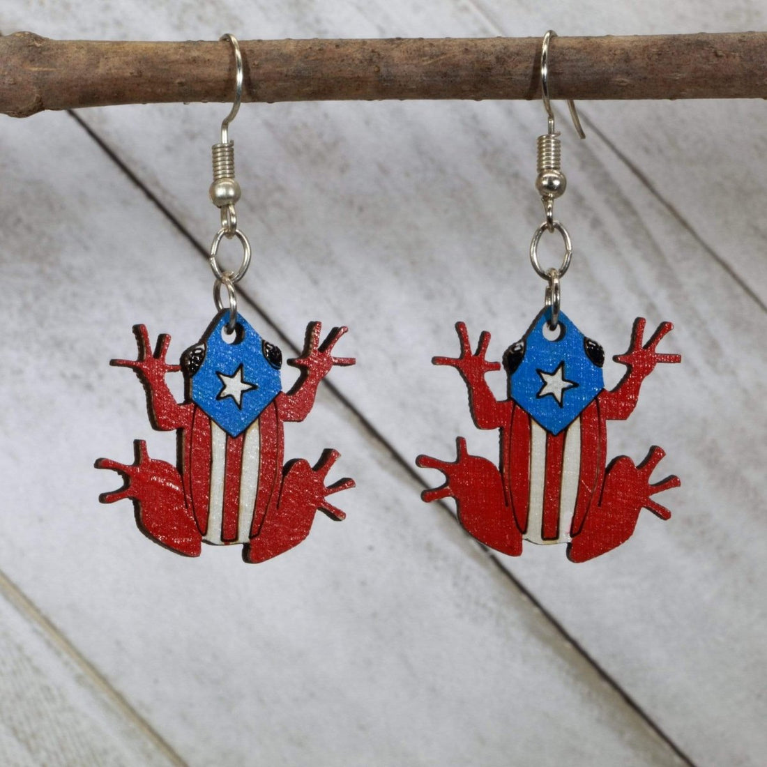 Hand-painted wooden coquí frog dangle earrings with Puerto Rico island design and hypoallergenic sterling silver hooks, lightweight Puerto Rican statement jewelry earrings for island lovers 